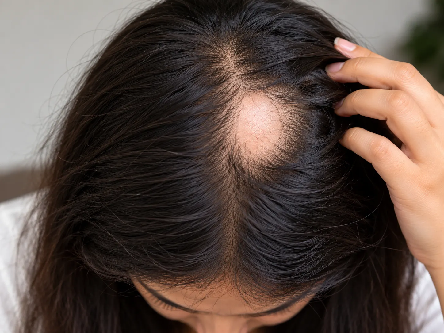Round smooth bald patch on the scalp from alopecia areata