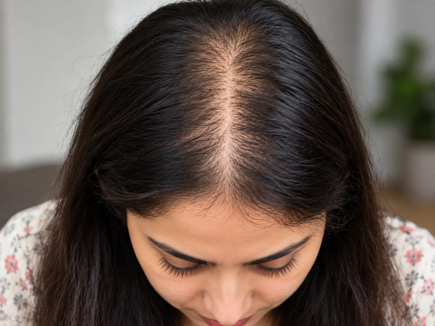 Woman with a widening centre parting showing female pattern hair thinning