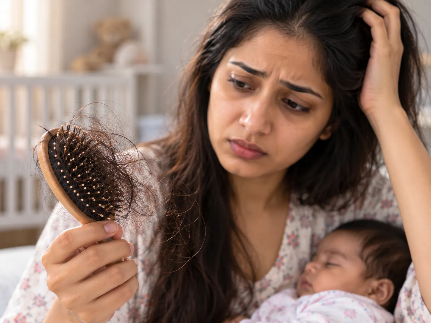 New mother with increased hair shedding after childbirth